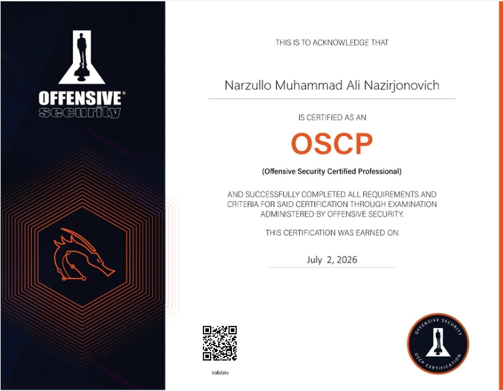 Offensive Security Certified Professional certificate awarded to Narzullo Muhammad Ali Nazirjonovich, issued July 2, 2026